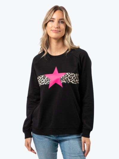 Stella + Gemma classic sweater black with leopard stripe and pink neon star