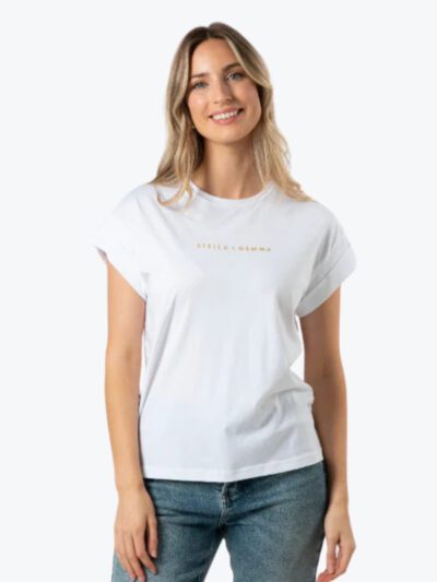 Stella + Gemma cuff short sleeve tee white with small gold logo