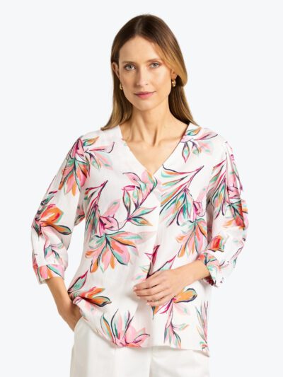yarra trail paradise print top white floral linen v neck