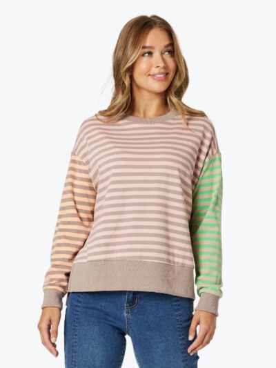 Threadz Maxwell Sweatshirt in Coral Multi Stripe