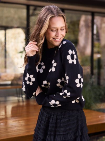 Brave + True Flower Knit in Black with Natural Flowers