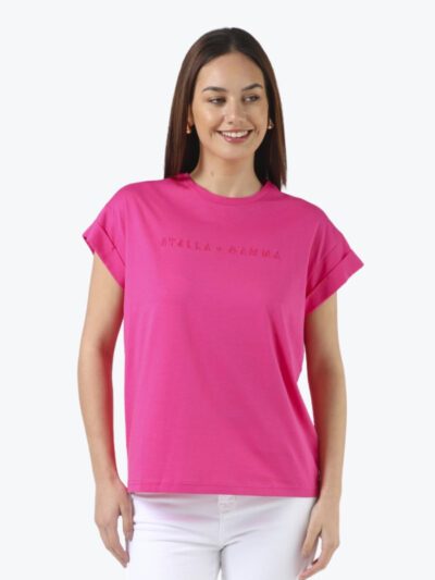 Stella + Gemma Cuff Sleeve Embroidered Logo Tee in Cerise Pink