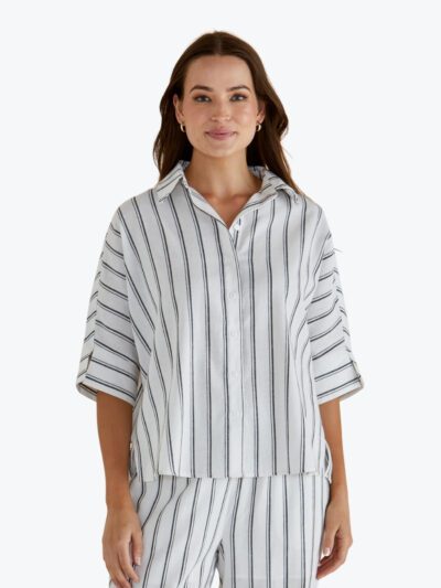 Betty Basics Lynwood Linen Shirt in Black/White Stripe